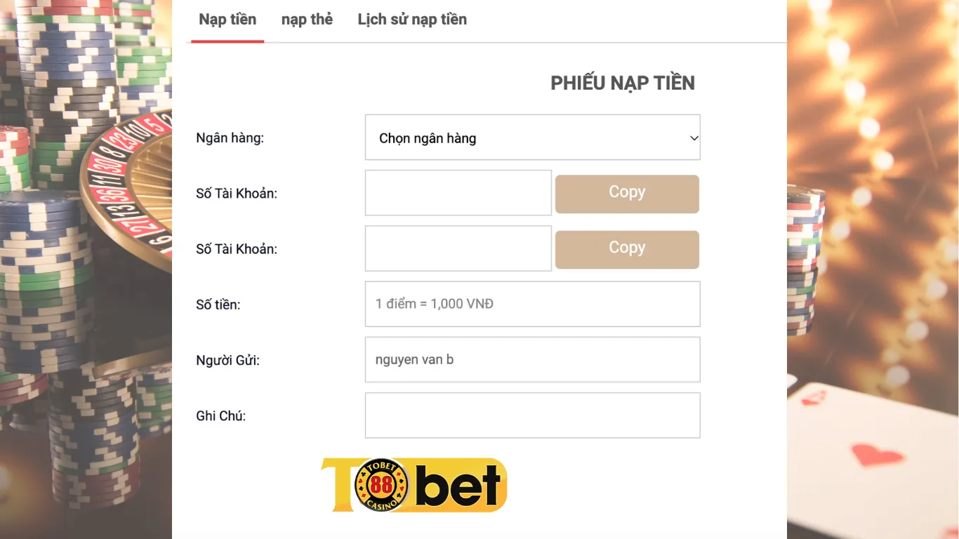 Điều kiện để nạp tiền Tobet88