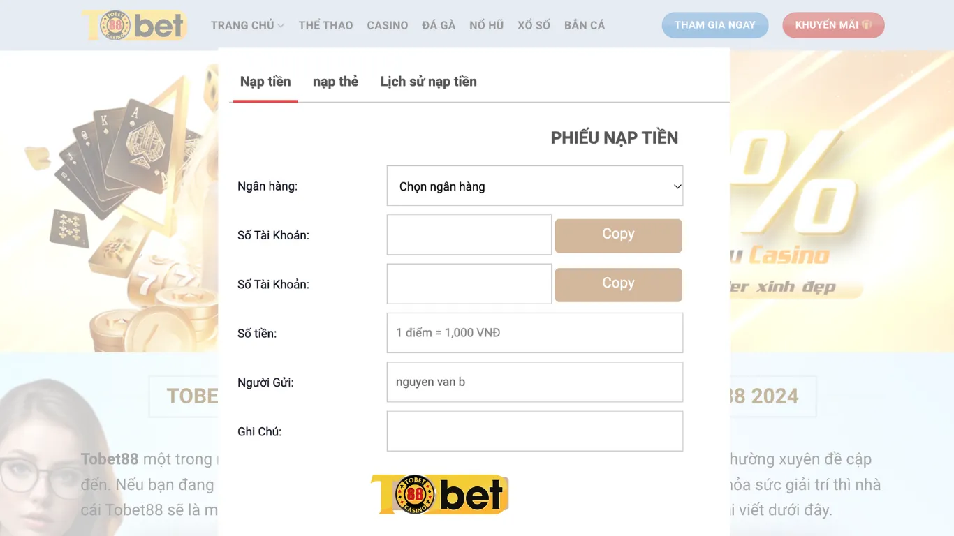 Hướng dẫn nạp/rút tiền nhanh chóng tại Tobet88